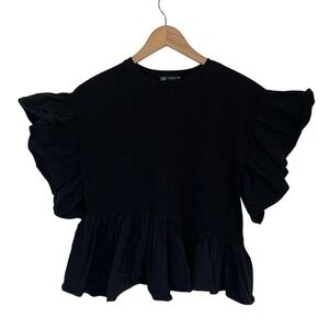 Zara Black Ruffle Short Sleeve Peplum Crop Shirt Size M Girly Feminine Cotton